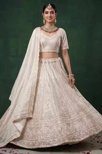off white dori embroidered satin lehenga set choli with dupatta