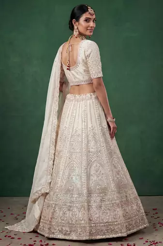 off white dori embroidered satin lehenga set choli with dupatta