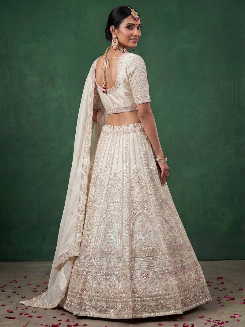 off white dori embroidered satin lehenga set choli with dupatta