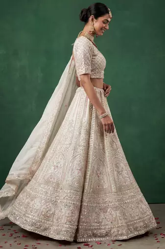 off white dori embroidered satin lehenga set choli with dupatta