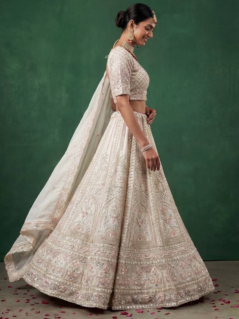 off white dori embroidered satin lehenga set choli with dupatta