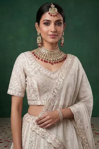 off white dori embroidered satin lehenga set choli with dupatta