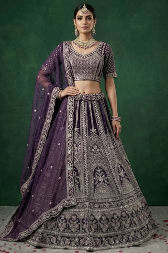 purple dori embroidered satin lehenga set choli with dupatta