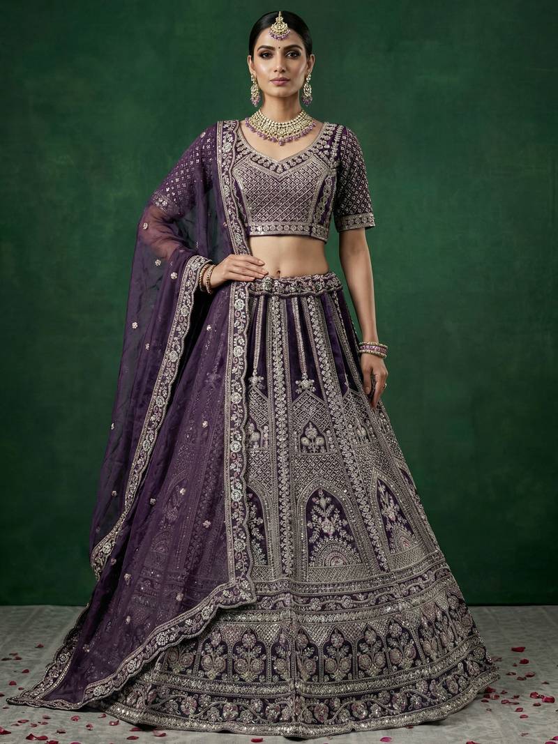 purple dori embroidered satin lehenga set choli with dupatta
