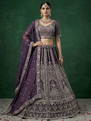 purple dori embroidered satin lehenga set choli with dupatta 1
