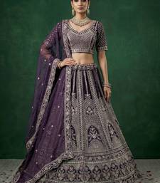 purple dori embroidered satin lehenga set choli with dupatta