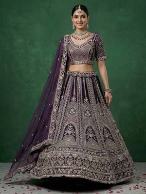 purple dori embroidered satin lehenga set choli with dupatta 2
