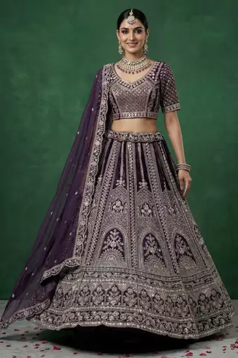 purple dori embroidered satin lehenga set choli with dupatta