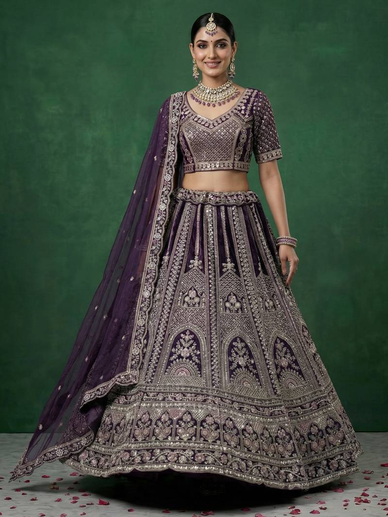 purple dori embroidered satin lehenga set choli with dupatta