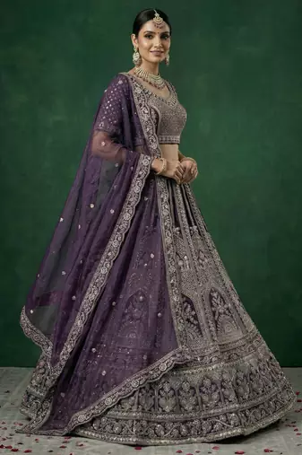 purple dori embroidered satin lehenga set choli with dupatta