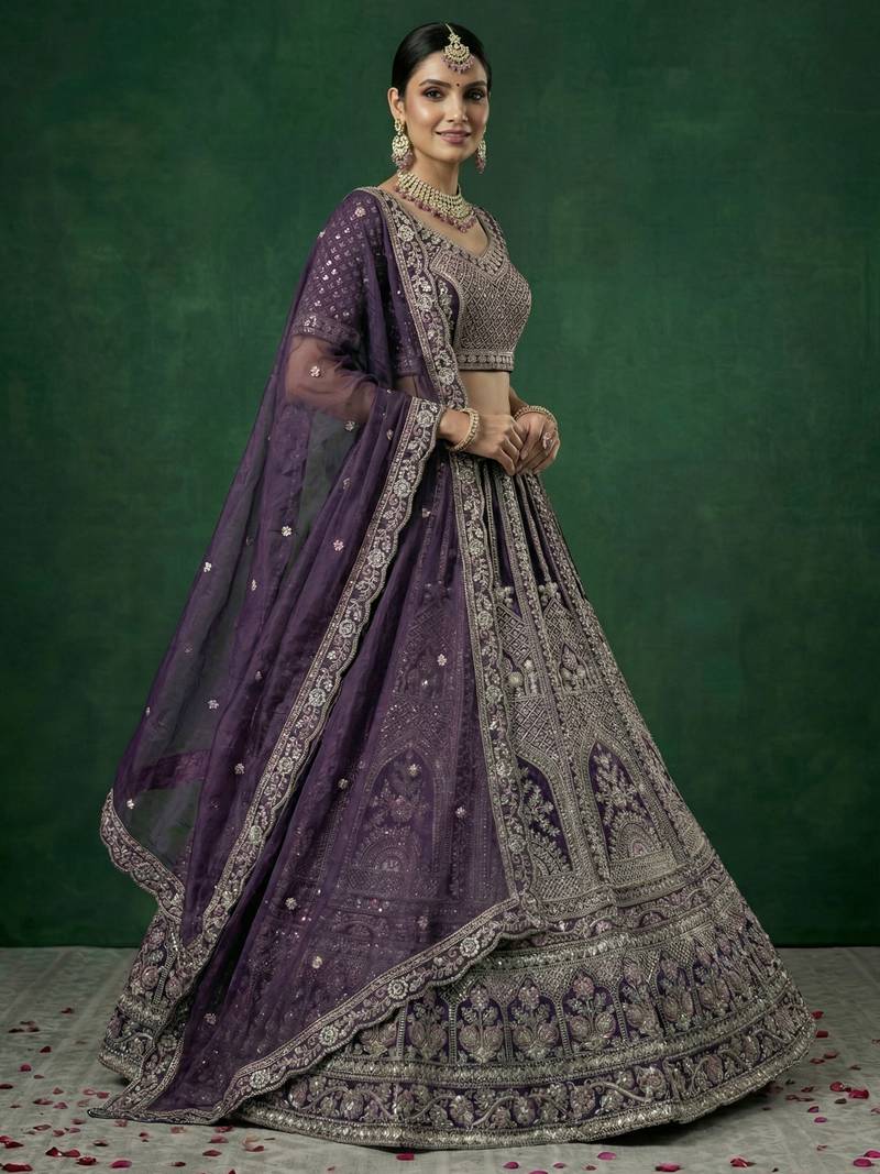 purple dori embroidered satin lehenga set choli with dupatta