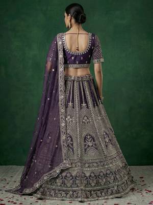 purple dori embroidered satin lehenga set choli with dupatta 4