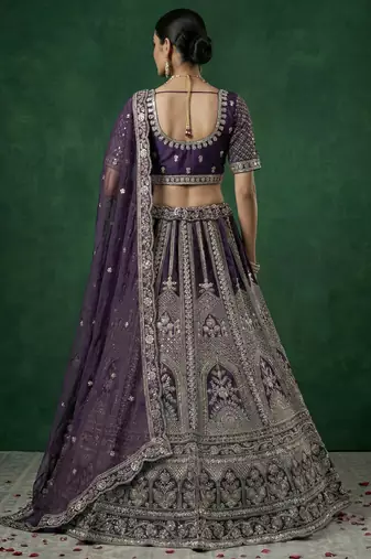 purple dori embroidered satin lehenga set choli with dupatta