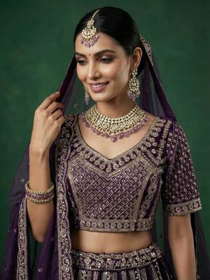 purple dori embroidered satin lehenga set choli with dupatta 5