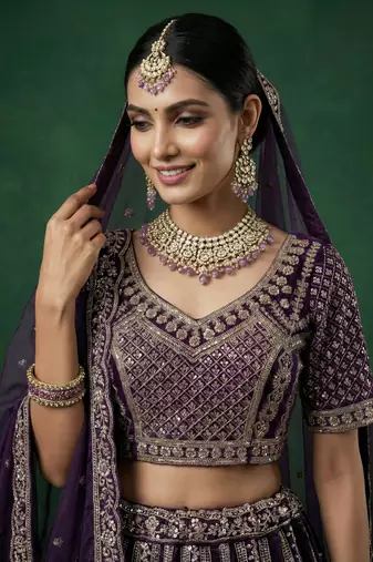 purple dori embroidered satin lehenga set choli with dupatta