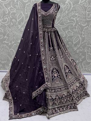 purple dori embroidered satin lehenga set choli with dupatta 6