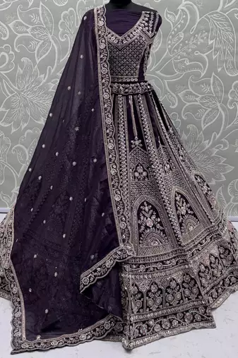 purple dori embroidered satin lehenga set choli with dupatta