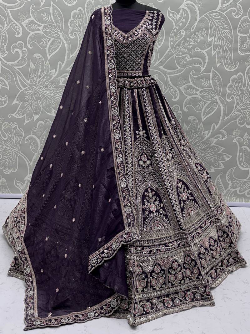 purple dori embroidered satin lehenga set choli with dupatta