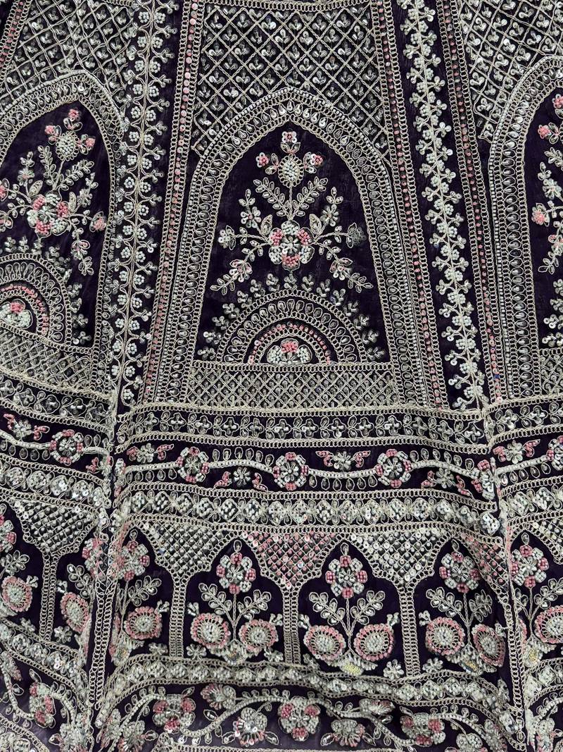 purple dori embroidered satin lehenga set choli with dupatta