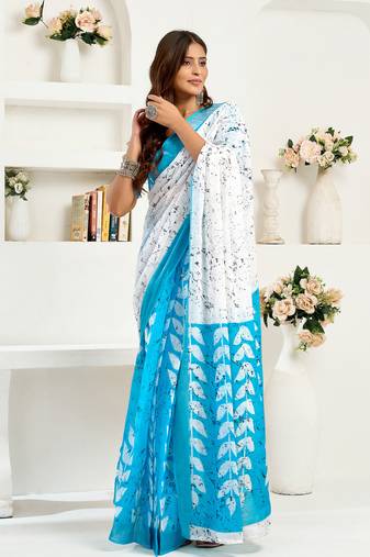 White linen leaf printed ready to wear saree