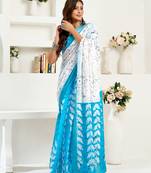 White linen leaf printed ready to wear saree