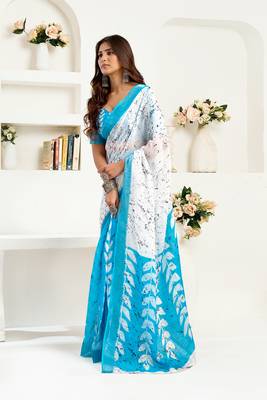 White linen leaf printed ready to wear saree 2