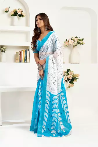White linen leaf printed ready to wear saree