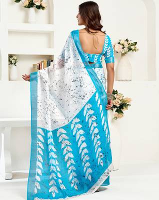White linen leaf printed ready to wear saree 3