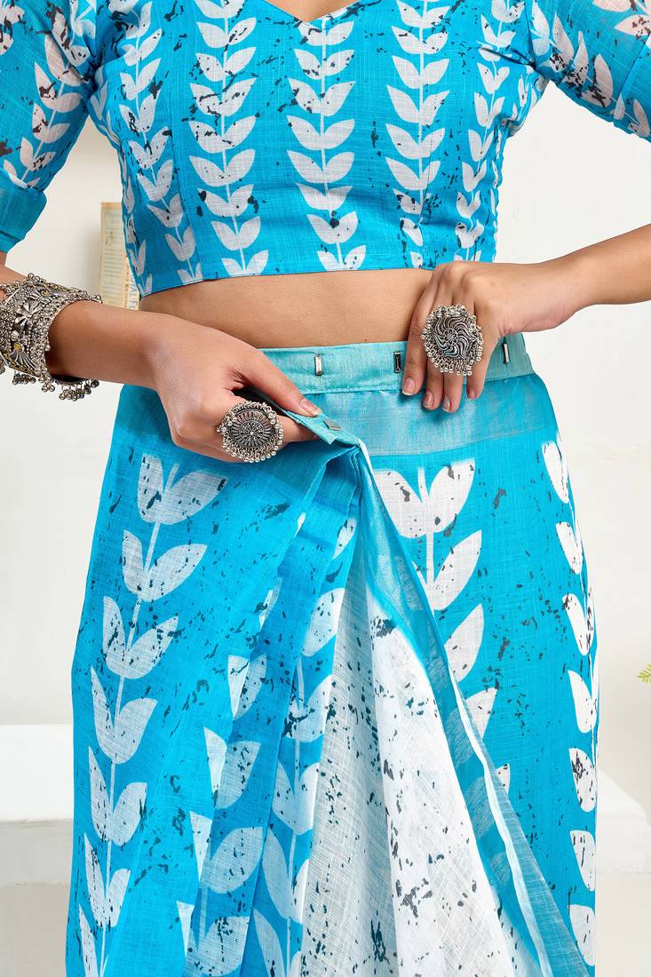 White linen leaf printed ready to wear saree