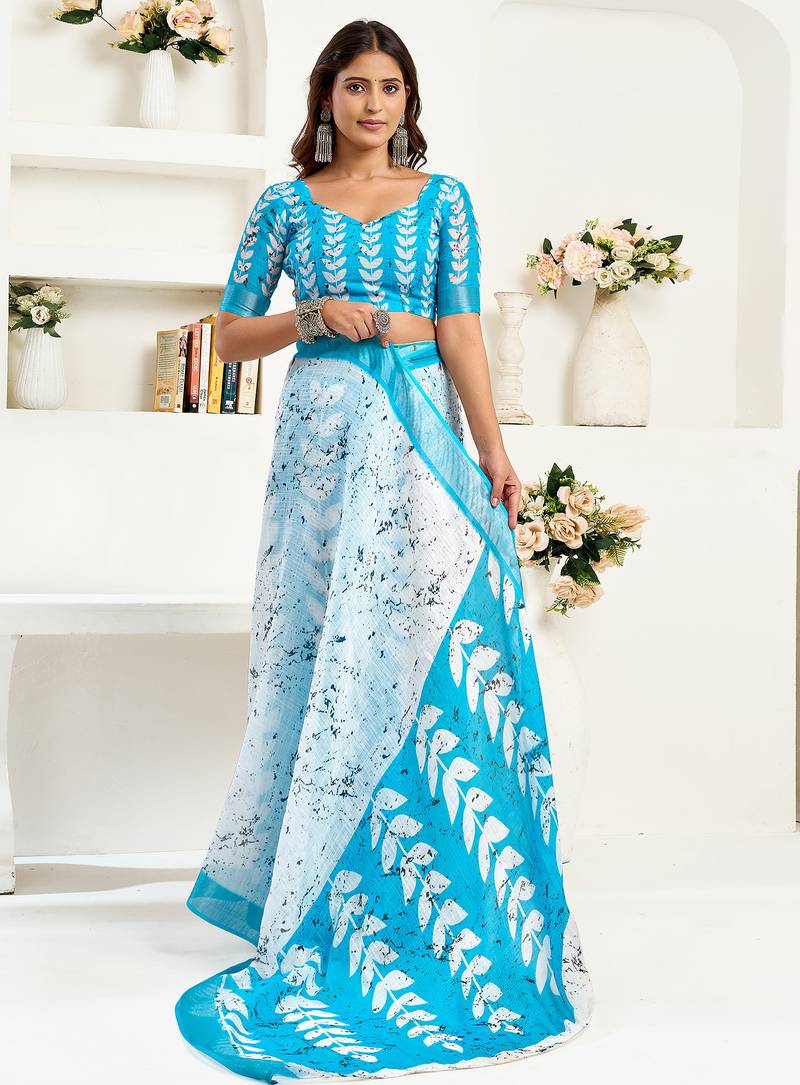 White linen leaf printed ready to wear saree