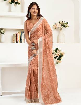 Rust brown linen floral printed ready to wear saree 1