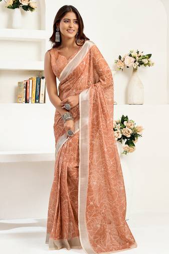 Rust brown linen floral printed ready to wear saree