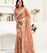 Rust brown linen floral printed ready to wear saree