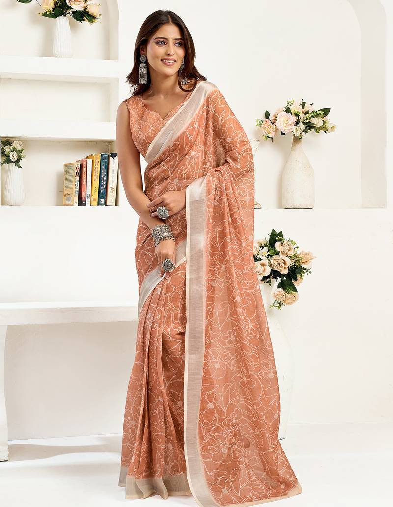 Rust brown linen floral printed ready to wear saree