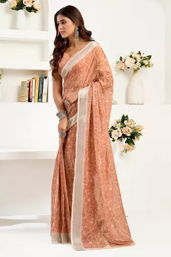 Rust brown linen floral printed ready to wear saree