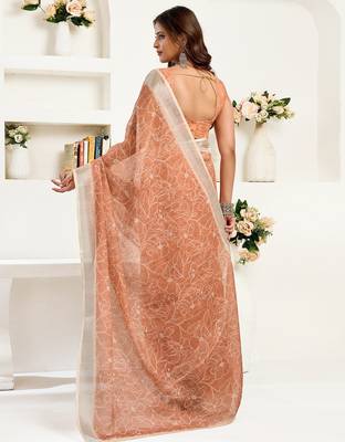 Rust brown linen floral printed ready to wear saree 3