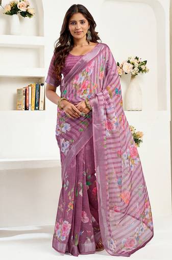 Dusty wine linen floral & striped printed ready to wear saree