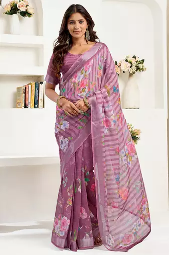 Dusty wine linen floral & striped printed ready to wear saree