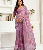 Dusty wine linen floral & striped printed ready to wear saree