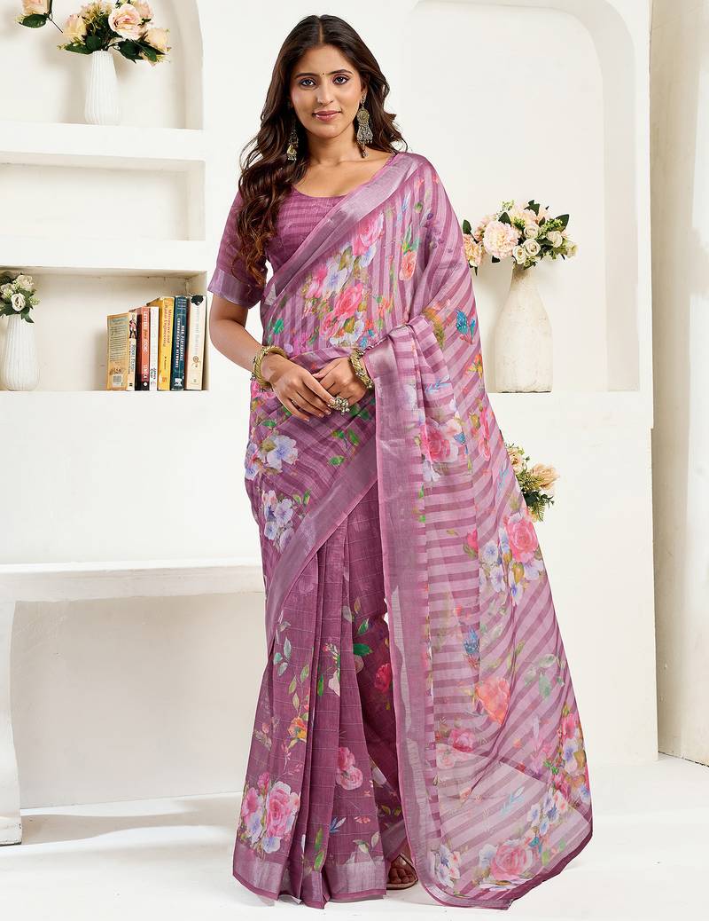 Dusty wine linen floral & striped printed ready to wear saree