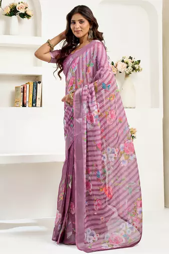 Dusty wine linen floral & striped printed ready to wear saree