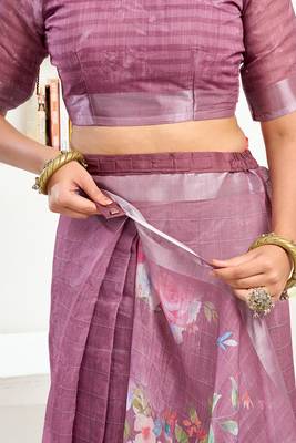Dusty wine linen floral & striped printed ready to wear saree 4