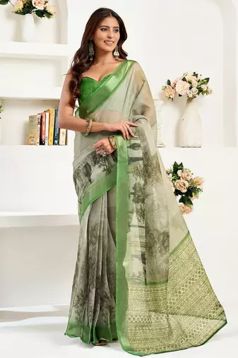 Green linen floral & ethnic motifs printed ready to wear saree