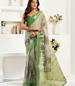 Green linen floral & ethnic motifs printed ready to wear saree