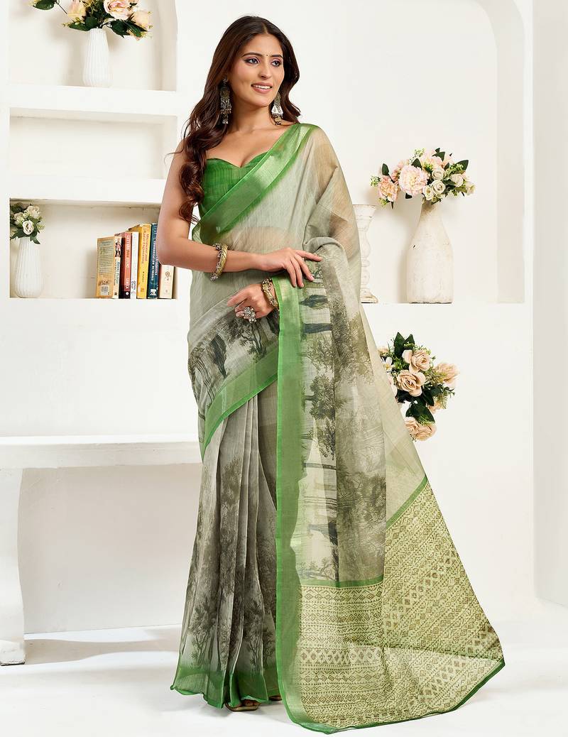 Green linen floral & ethnic motifs printed ready to wear saree