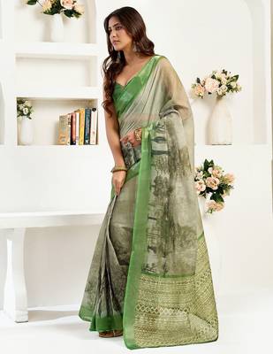 Green linen floral & ethnic motifs printed ready to wear saree 2
