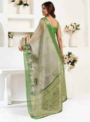 Green linen floral & ethnic motifs printed ready to wear saree 3