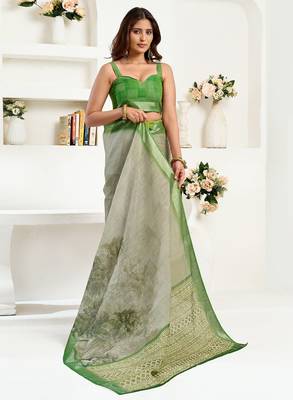 Green linen floral & ethnic motifs printed ready to wear saree 5