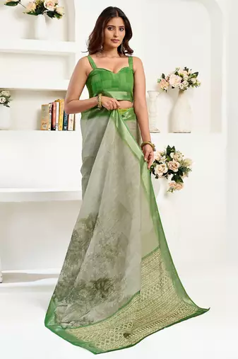 Green linen floral & ethnic motifs printed ready to wear saree