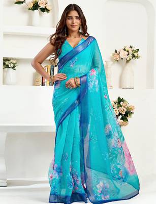 Turquoise   linen floral printed ready to wear saree 1